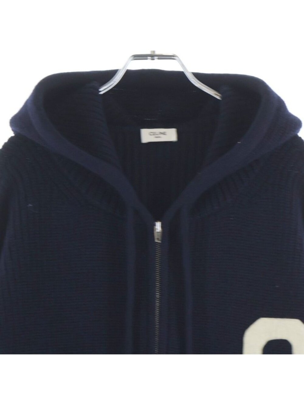 Celine Carre C Logo Zip Up Wool Knit Hoodie Navy View 3